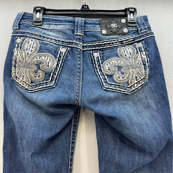 Miss Me Denim - Miss Me Jeans Women's 27x31 (4) Blue Easy Boot Embellished Fleur de Lis Blingy